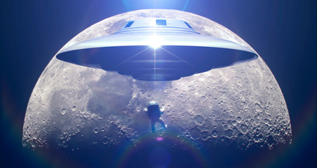 Wall Mural - flying saucer prevent astronaut landing on moon - photomanipulation - 3d rendering