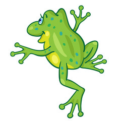 Sticker -  Funny little frog in cartoon style is jumping. Isolated on white background. 