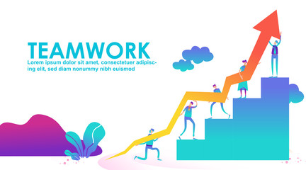 Vector teamwork concept. Little business people together trying to climb up stairway standing holding indicator of growth and development in common business on raised hands each others. - Vector