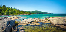 Trees, Rocks, Forest And Lake On The Under The Volcano Trail Along The Beautiful Rocky Coast Of Lake Superior At Neys Provincial Park, Ontario, Canada