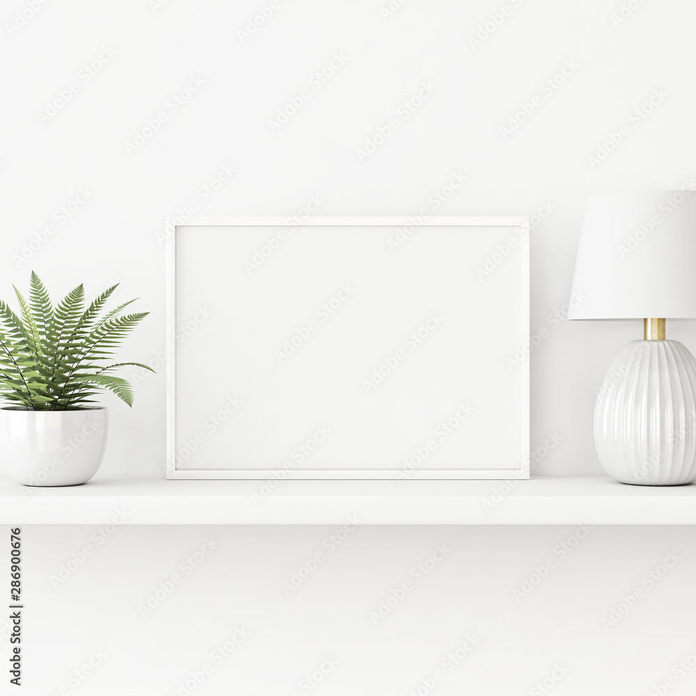 Interior poster mockup with horizontal white frame standing on the ...