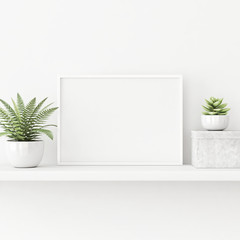 Aufkleber - Interior poster mockup with horizontal white frame standing on the table with plants in pots on empty wall background. 3D rendering, illustration.
