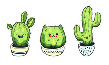 Set Of Cute Cartoon Cactus With Funny Kawaii Faces In Pots. Vector Illustration.