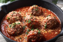 Meatballs With Tomato Sauce In Cast Iron Skillet