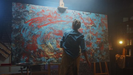 Fototapete - Talented Female Artist Draws with Her Hands on the Large Canvas, Using Fingers She Creates Colorful, Emotional, Sensual Oil Painting. Contemporary Painter Creating Abstract Modern Art. Zoom in