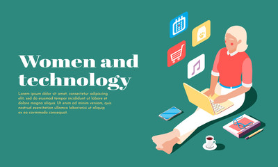 Wall Mural - women and technology isometric banner