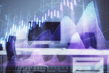 Stock market chart and desktop office computer background. Multi exposure. Concept of financial analysis.