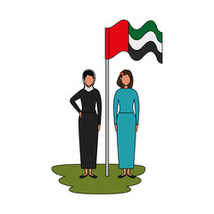 Wall Mural - islamic women with traditional burka and arabia flag in pole