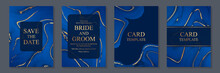 Wedding Invitation Design Or Greeting Card Templates With Golden Streaks On A Dark Blue Marble Texture.