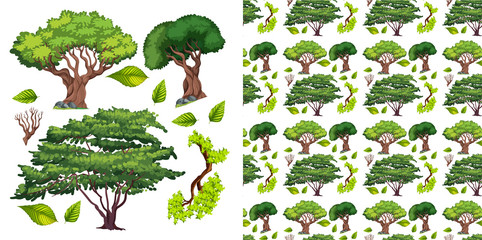 Poster - Set of seamless background design with isolated objects theme - tree