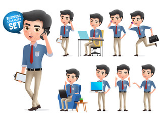 Wall Mural - Male business character calling vector set. Standing business man characters calling and talking with mobile phone isolated in white background. Vector illustration.