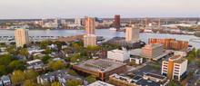 Aerial View Over Portsmouth Virginia Across The Elizabeth River To Norfolk
