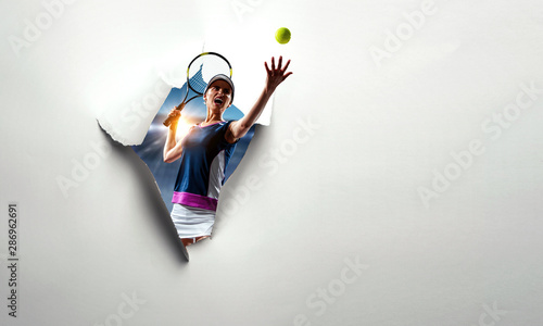 Fotomural Paper breakthrough hole effect and tennis player