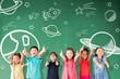 © Tom Wang - happy Multi-ethnic group of school children standing in classroom with space and star icon