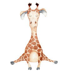 Wall Mural - Cute giraffe cartoon watercolor illustration animal