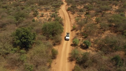 africa outdoor travel and tourism - tilting drone shot of four wheel drive on unpaved dirt road, dri