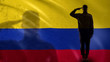 Colombian soldier silhouette saluting against national flag, defense agency