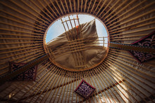 Yurt Nomad Camp In Central Asia. Kazakh And Mongolian National Yurt (inside). Close-up