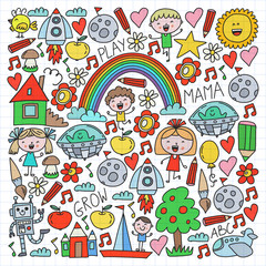 Time to adventure. Imagination creativity small children play nursery kindergarten preschool school kids drawing doodle icons pattern, play, study, learn with happy boys and girls Let's explore space.