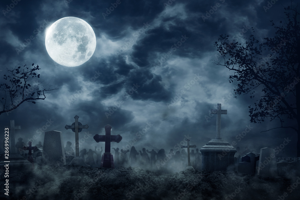 Zombie Rising Out Of A Graveyard cemetery In Spooky dark Night full moon. Holiday event halloween background concept. - obrazy, fototapety, plakaty 
