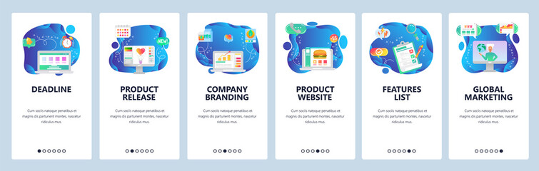 Wall Mural - Mobile app onboarding screens. World financial news, project deadline, finance growth, product release. Vector banner template for website and mobile development. Web site design flat illustration