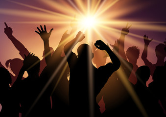 Party crowd on sunburst background