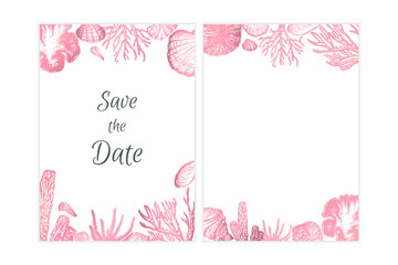 Sea elements invitation simple vector design, rose gold colored doodle leaves.