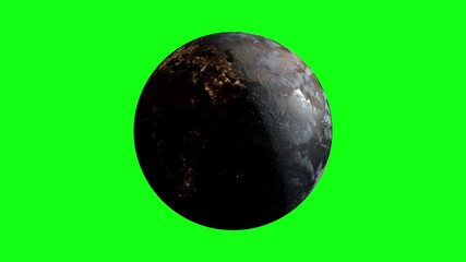 Wall Mural - Beautiful 3d earth planet animation. Green screen chroma key background. Concept of climate change, dark night, city lights, sunrise. World planet satellite.