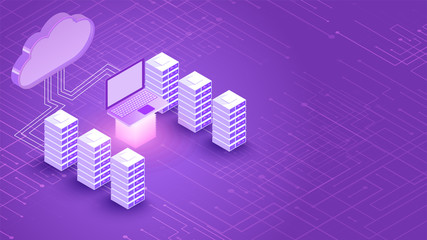 Canvas Print - 3d illustration of cloud server connected with database and laptop between glowing rays on purple di