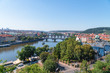 Panoramic view of Charles Bridge in Prague in a beautiful summer day, travel concept, 2019. Czech Republic