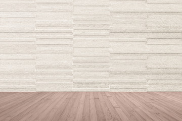 Poster - Marble tile wall pattern background in light cream beige color with wooden floor in red brown