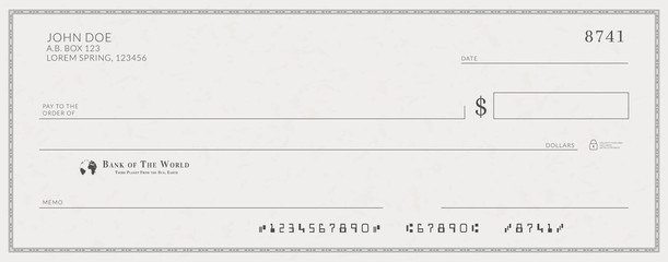 Wall Mural - Blank bank check template. Fake cheque page mockup.