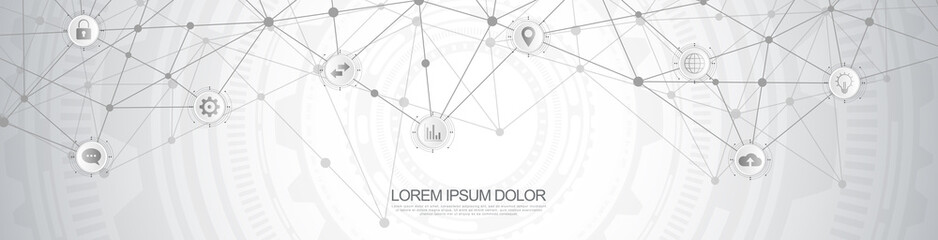 Website header or banner design with abstract technical background and connecting dots and lines. Digital technology and communication concept with flat icons.