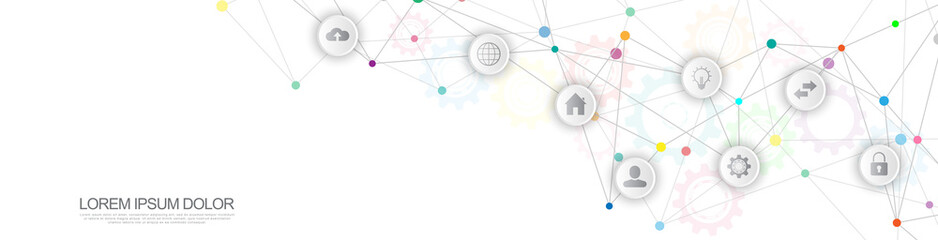 Website header or banner design with abstract technical background and connecting dots and lines. Digital technology and communication concept with flat icons.