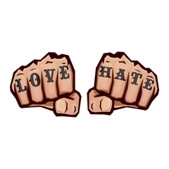 love and hate fists with tattoo isolated on white background. Fight for love concept illustration with fist punch