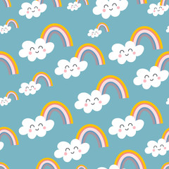 Seamless patternSeamless pattern with cute clouds and rainbow in Scandinavian style. Vector childish sky texture for textile. Kids illustration for nursery design. Great for baby clot with cute clouds