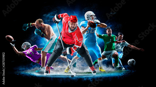  Plakaty sport  multi-sport-kolaz-pilka-nozna-boks-pilka-nozna-hokej-na-czarnym-tle