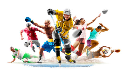 multi sport collage football boxing soccer voleyball ice hockey running on white background