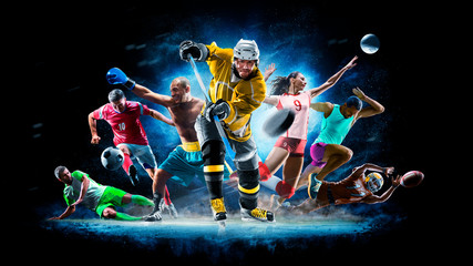 multi sport collage football boxing soccer voleyball ice hockey on black background