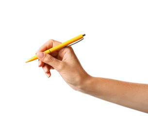 Wall Mural - Young woman holding pen on white background, closeup