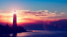 High Lighthouse Silhouette On Rocky Cliff At Calm Ocean Against Sunset In Purple Sky. 3D Concept Travel Majestic Landscape Vacation Paradise Tourism Holidays. Slow Motion, Parallax, Time Lapse 4K