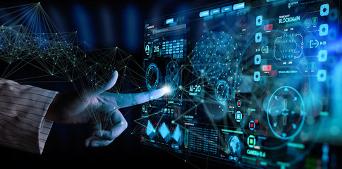 Fototapete - Business hand working with cryptocurrency and Ai conputer interface.