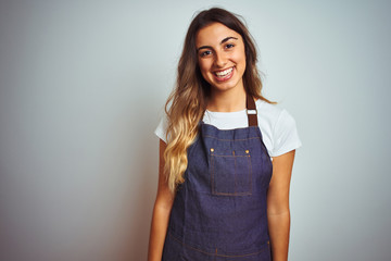 Wall Mural - Young beautiful woman wearing apron over grey isolated background with a happy and cool smile on face. Lucky person.