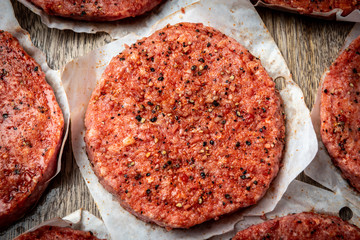 Fresh Organic Angus beef burger patties from above