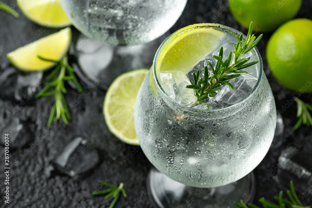 Gin and Tonic Alcohol drink with Lime, Rosemary and ice on rustic black table - obrazy, fototapety, plakaty 