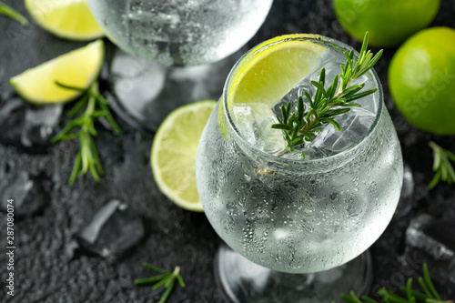 Gin and Tonic Alcohol drink with Lime, Rosemary and ice on rustic black table Poster Mural XXL