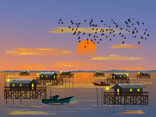 Fishing Village On The Sea With Mountain And Sunset Background,fishing Boat On Sea,Flock Of Birds In The Sky