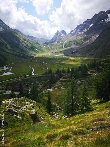 Green Valley In The Mountains Landscape In The Mountains Val Veny Courmayeur Monte Bianco Italy Cabane Du Combal Stock Photo Adobe Stock