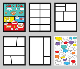 Sticker - comic book Blanks set, text speech bubbles , Comic magazine cover Template, strip page mock up