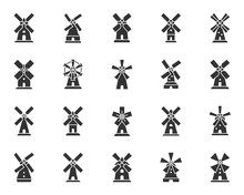 Vintage Windmill Black Silhouette Icons Vector Set